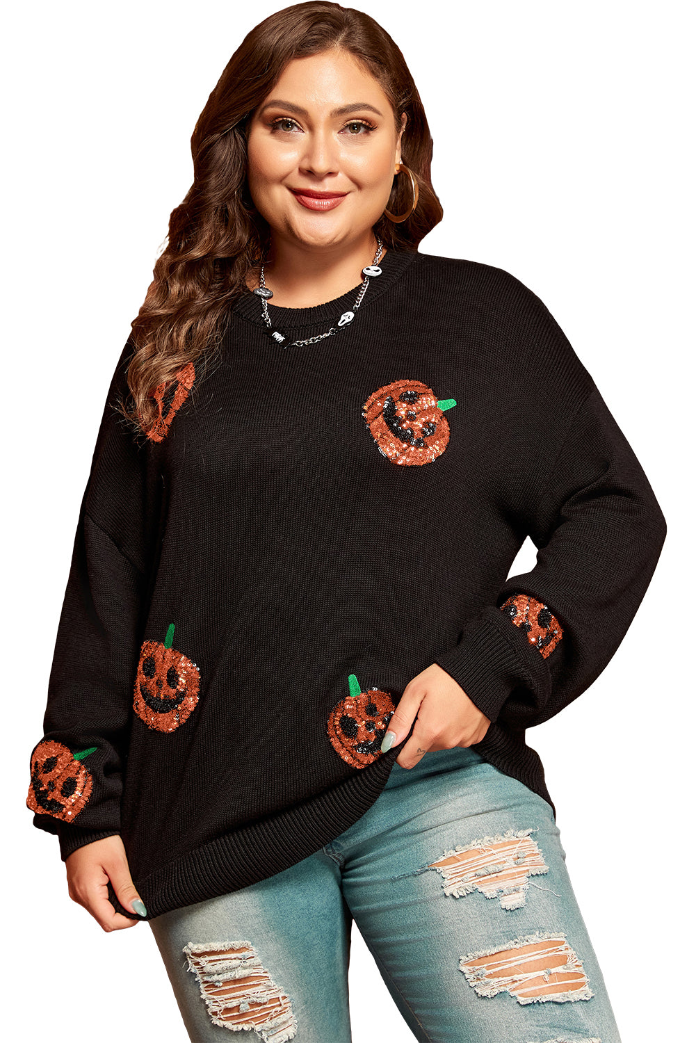 Zwart plus size Halloween -lovertjes pompoenpatroon trui