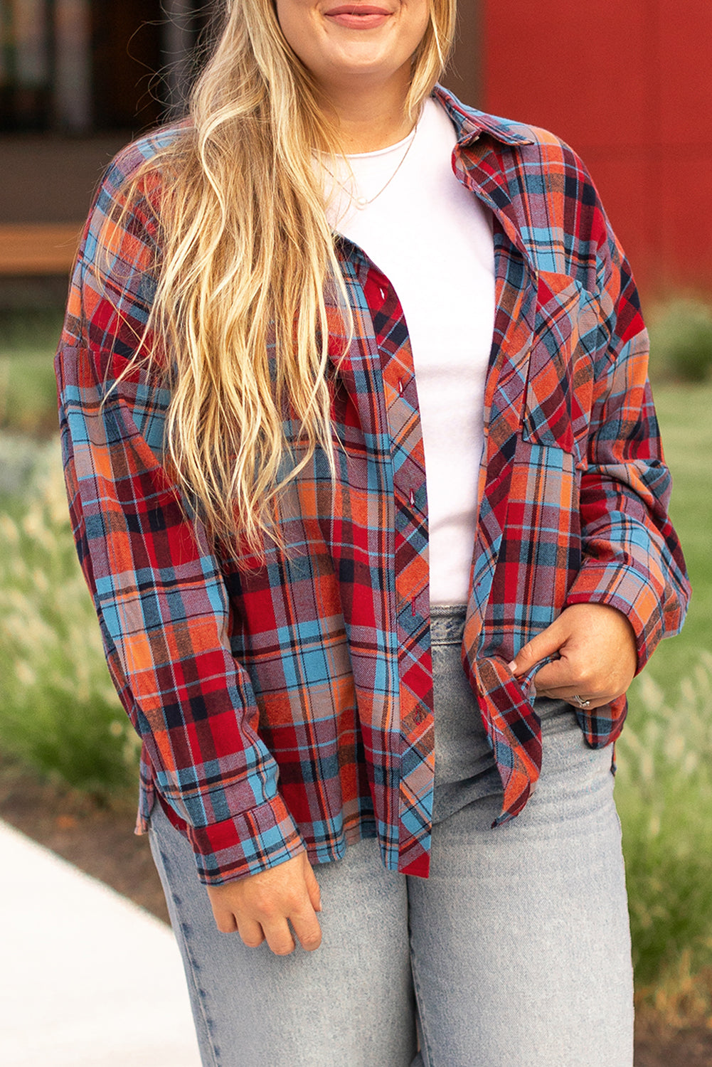 Rood plus size plaid print buttoned shirt