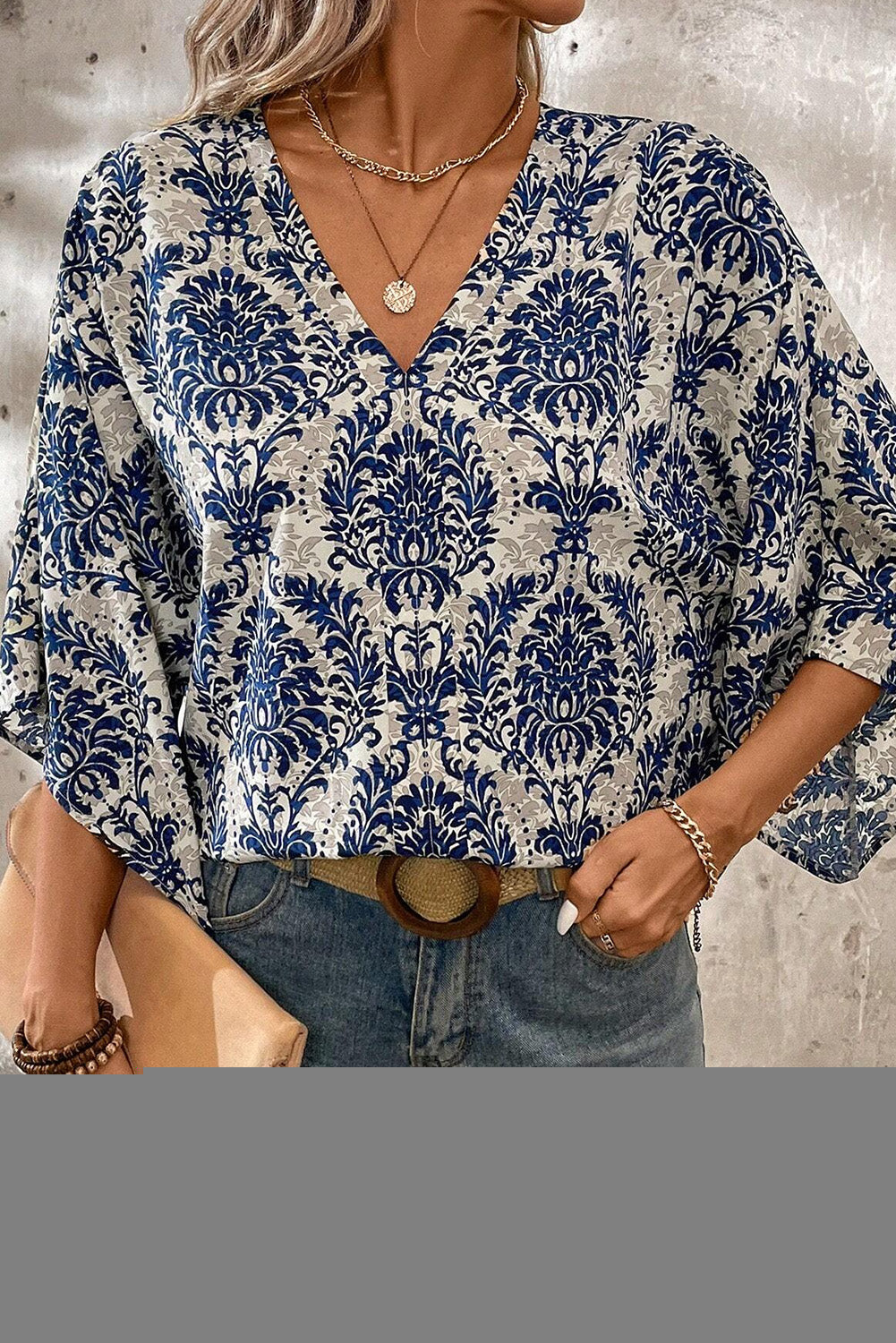 Blue Vintage Flower Three Quarter Sleeve V Neck Blouse