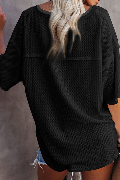 Black Waffle Knit Drop Shoulder Loose Top