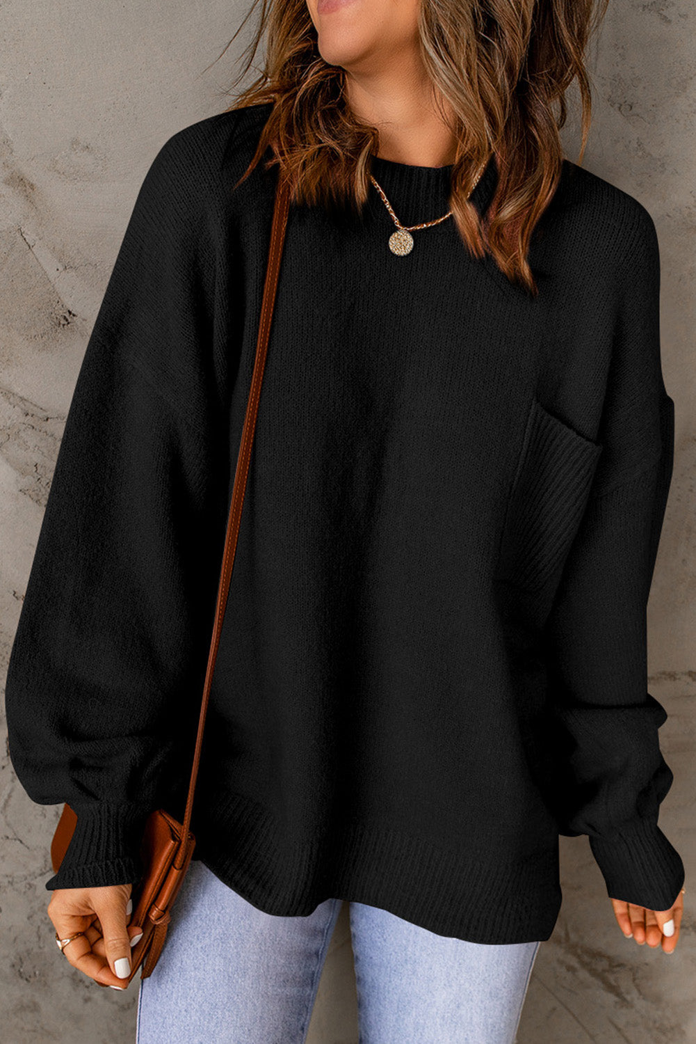 Black Solid Color Puffy Sleeve Pocketed Sweater