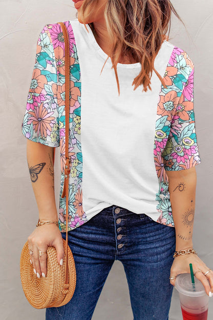 Witte bloemenprint patchwork top met korte mouwen