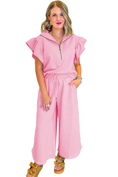 Roze textuur gegolfde mouw ritssluiting en brede pootbroek set