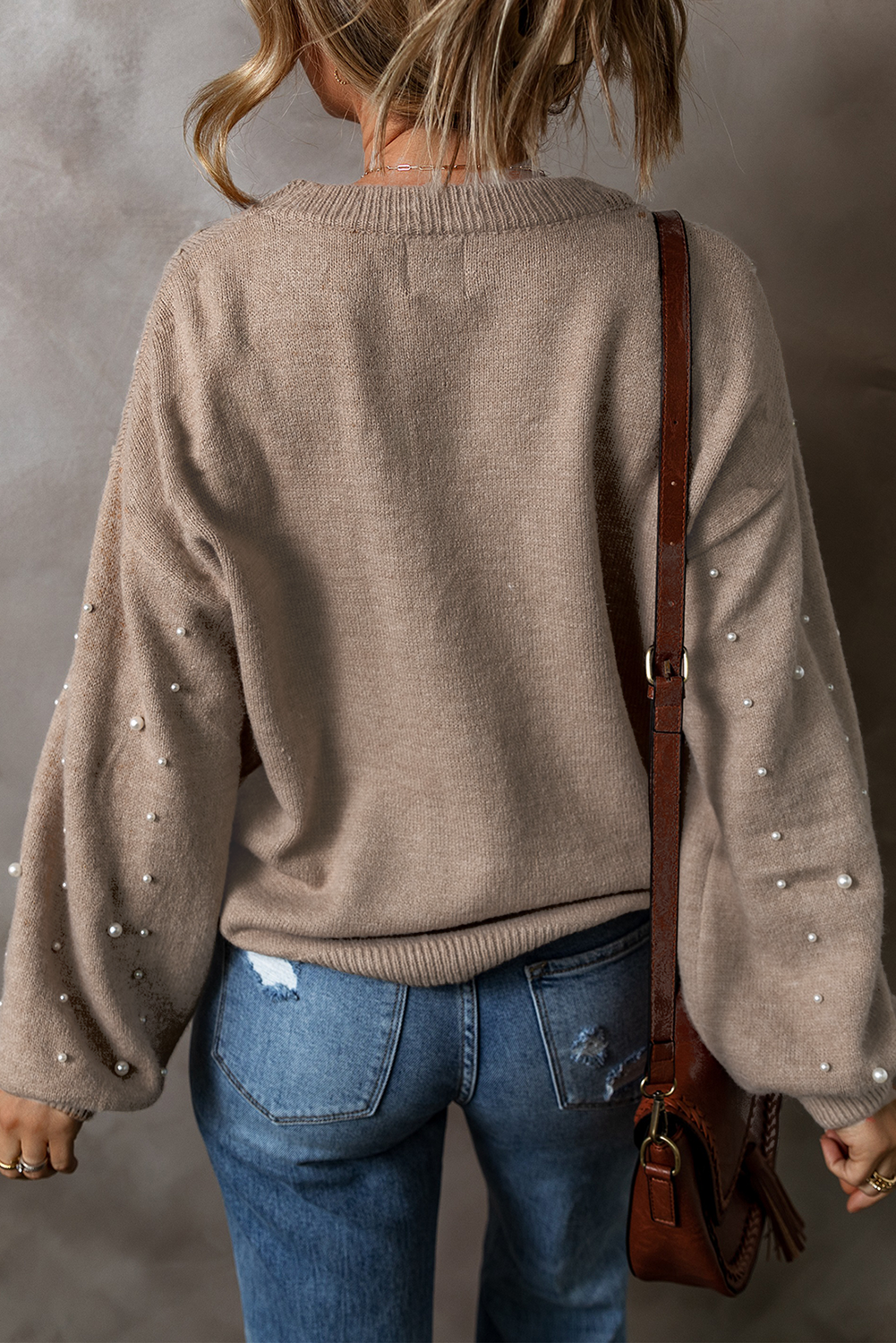 Smoke Gray Gray Pearled Drop Shoulder Plus Size Sweater