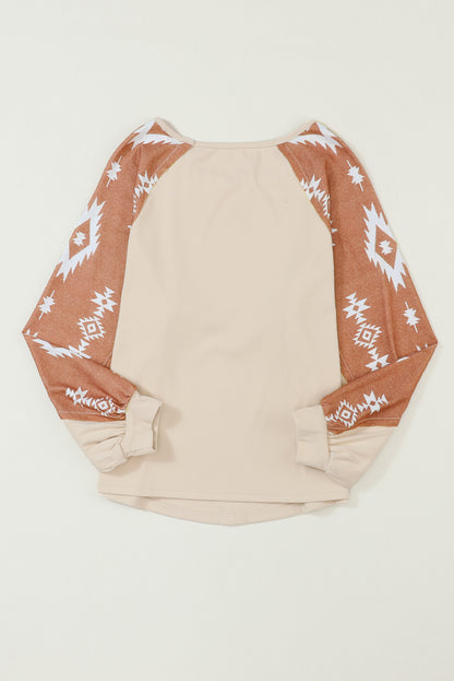 Apricot Western Print Patch Long Sleeve Top