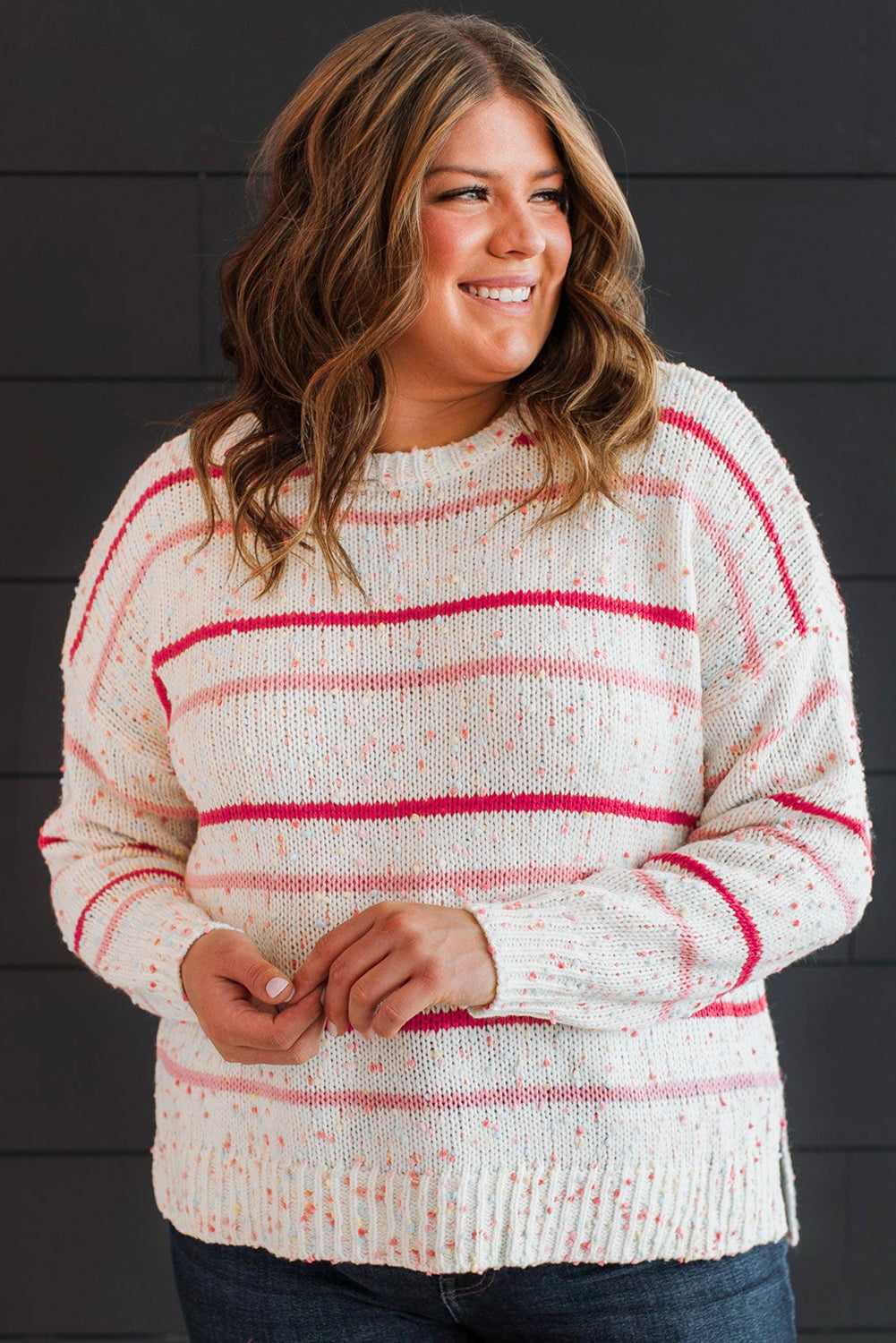 Roze streep drop schouderzijde split plus size trui