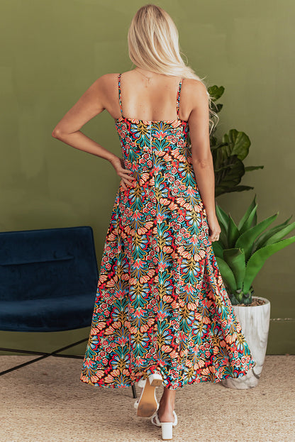 Zwarte boho bloemenprint dunne riemen mouwloze maxi -jurk met hoge taille