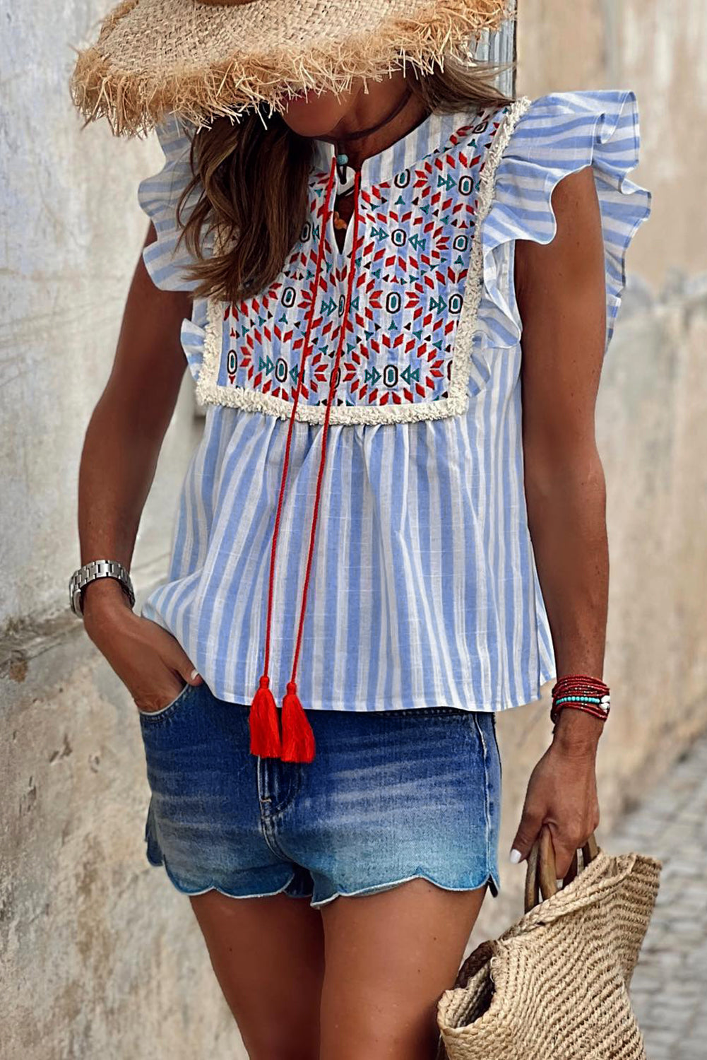 Sky Blue Stripe Geo Pattern Embroidered Tassel Flutter Blouse