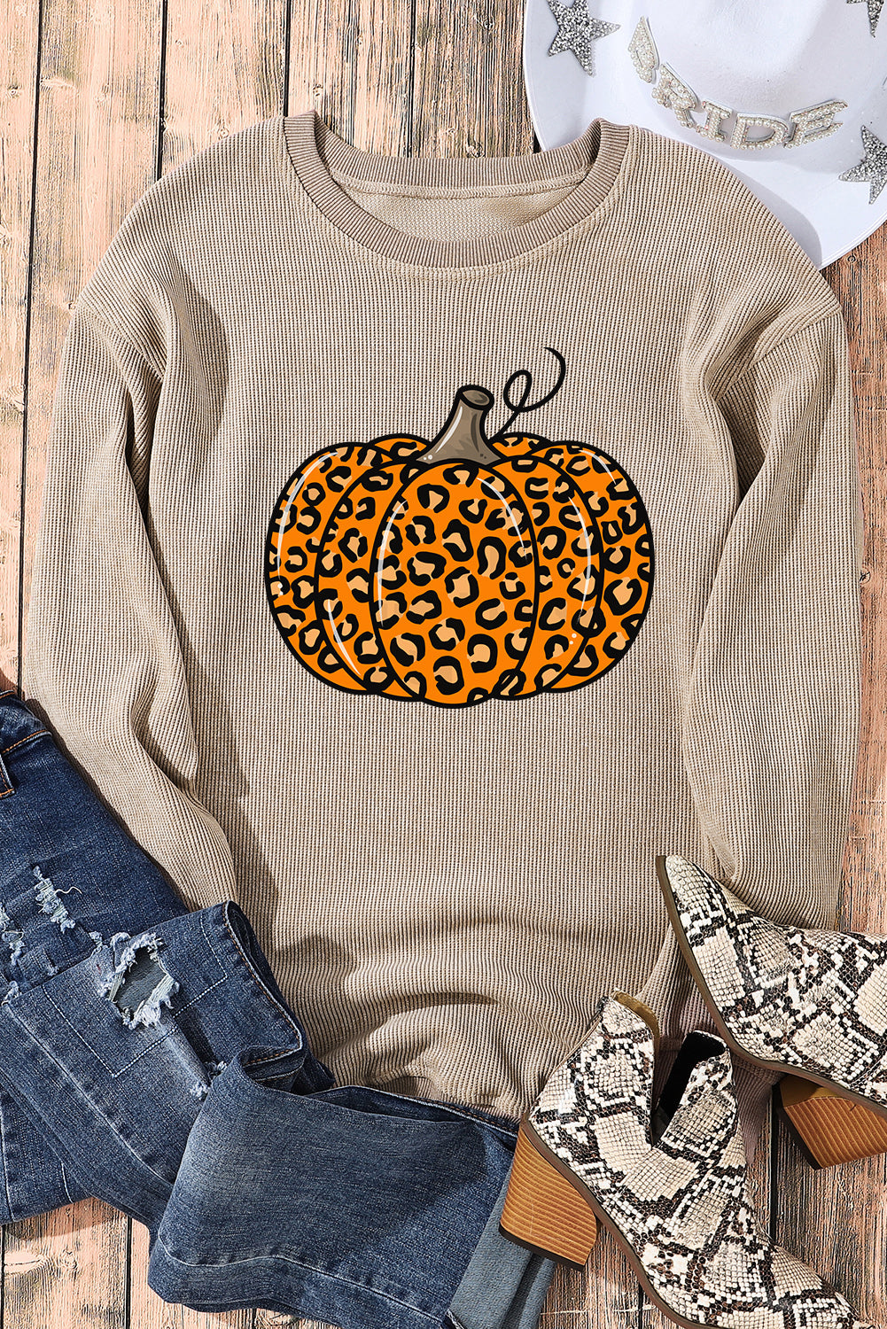 Khaki Halloween Luipaard Pompoen Grafische Corded Sweatshirt