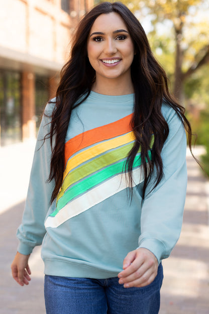 Black Rainbow Colorblock Striped Pullover Sweatshirt