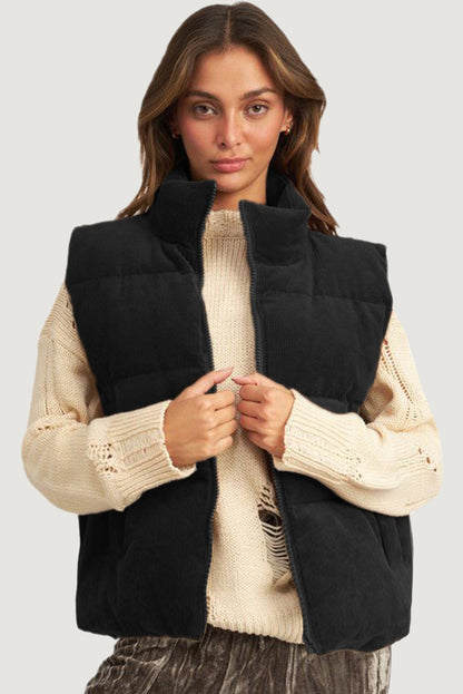 Zwart corduroy puffervest met opstaande nek en ritssluiting