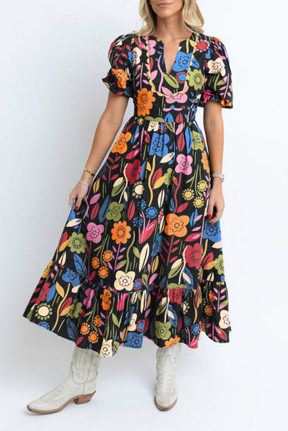 Zwarte maxi-jurk met retro bloemenprint en splithals