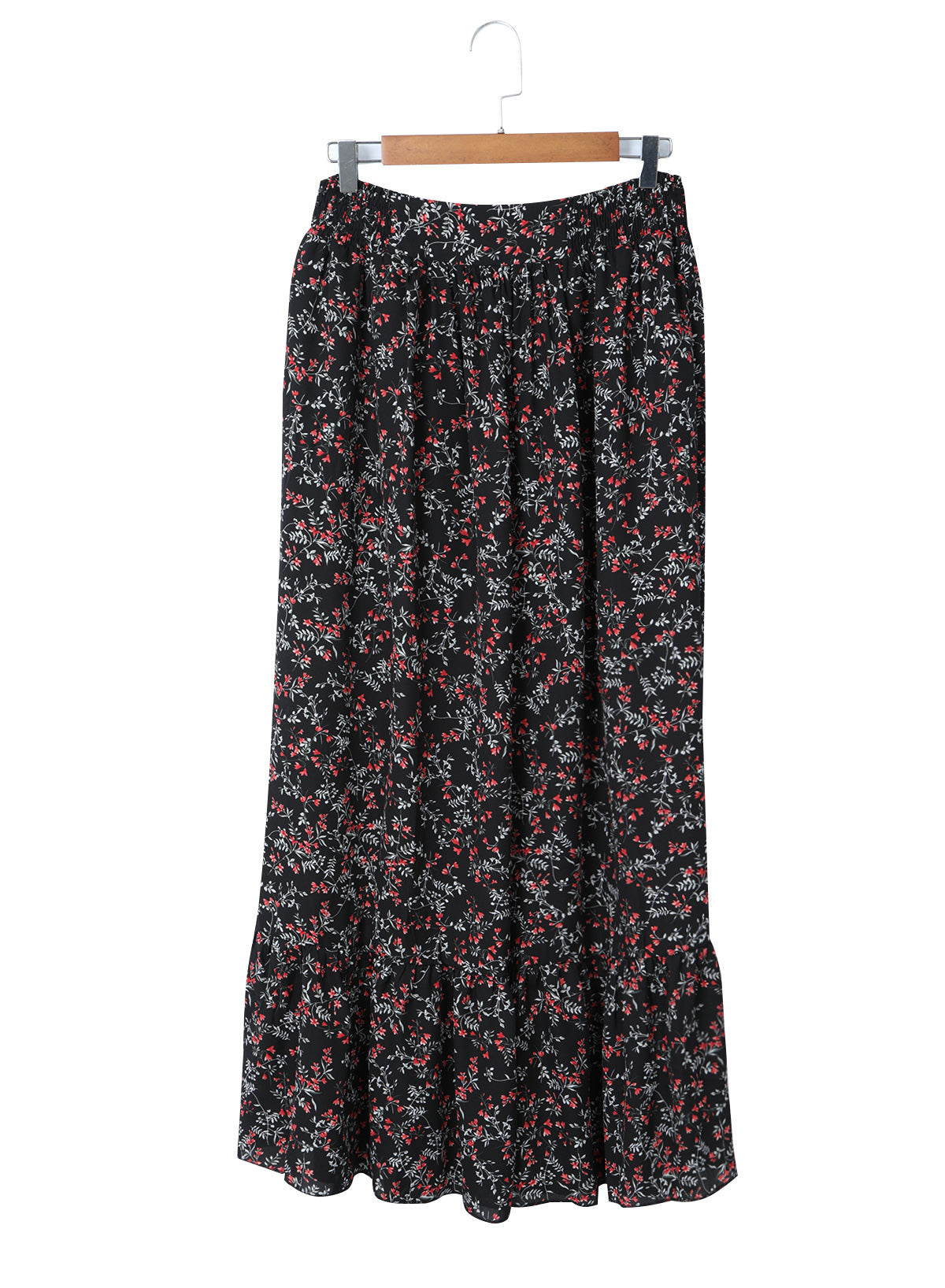 Zwart veelkleurige crop top en maxirok met bloemen en ruches