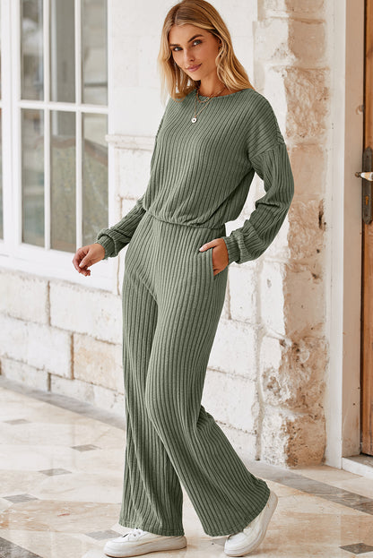 Lauriergroene effen geribbelde gebreide jumpsuit met sleutelgat aan de achterkant en hoge taille