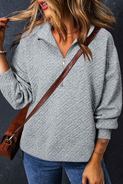 Beige Solid Textured Half Zipper Collared Sweatshirt