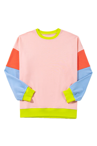 Lichtroze grote maten colorblock sweatshirt met patchwork en ronde hals