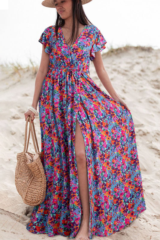 Blauwe bloemenprint met V-hals en split-split maxi-jurk