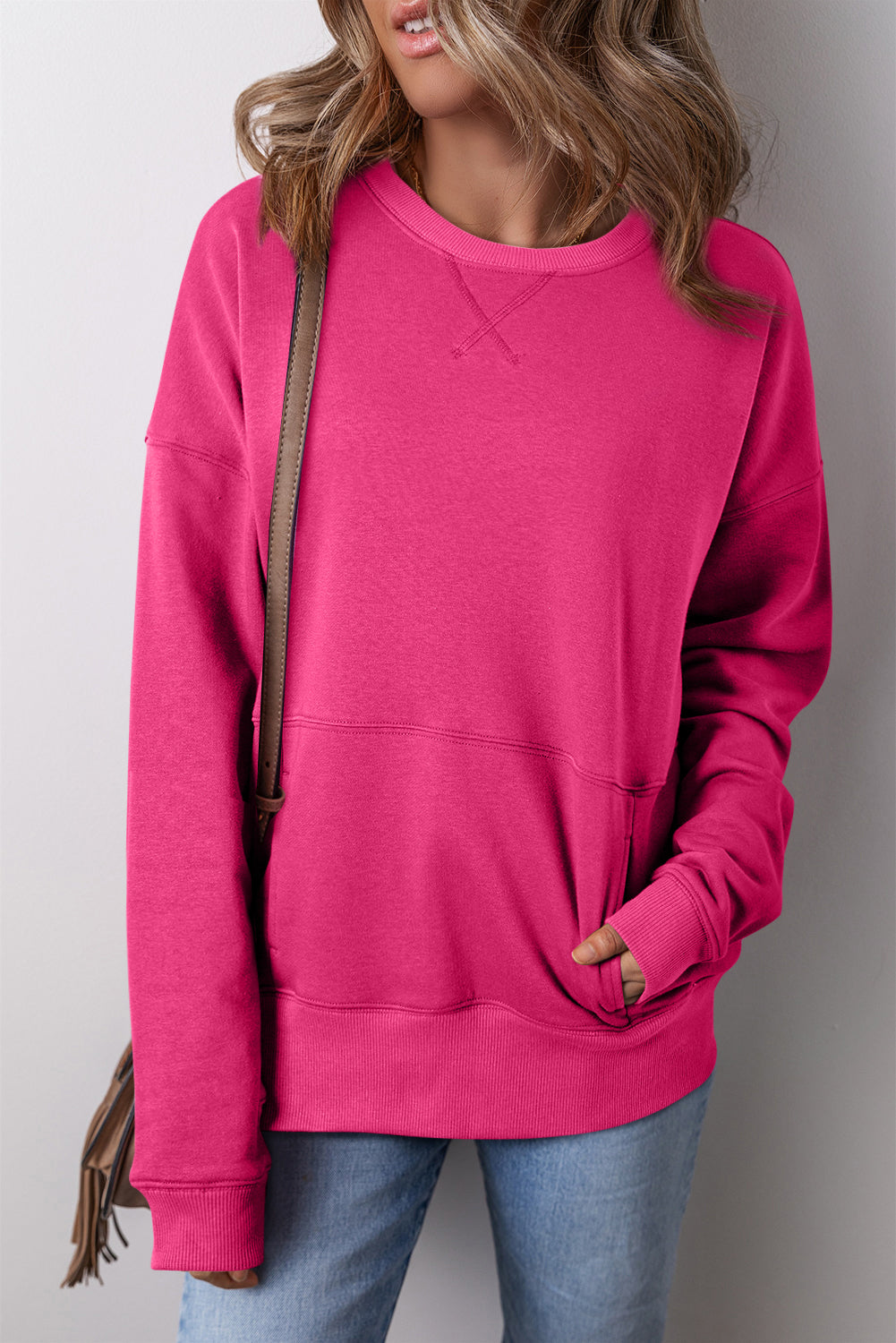 Vineyard Green Drop Shoulder Crisscross Stitching Pocketed Loose Sweatshirt