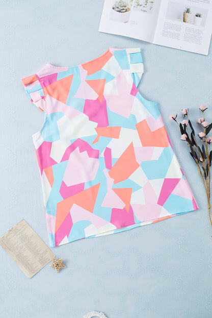 Multicolor Pastel Geometric Print V-Neck Pleated Cap Sleeve Top