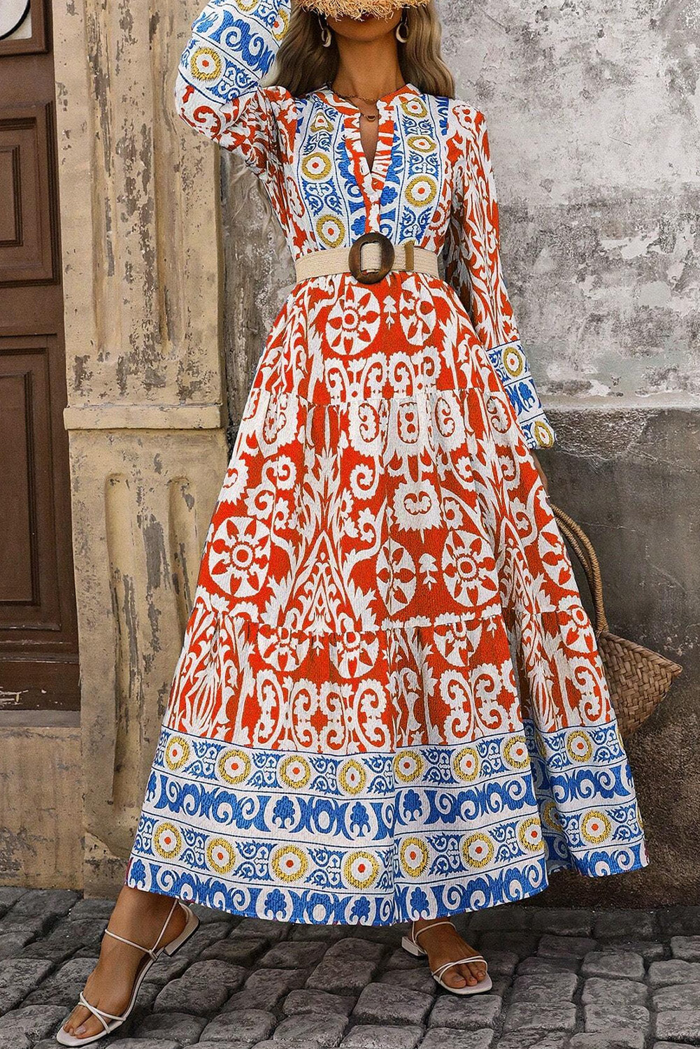 Oranje boho geometrische gedrukte maxi -jurk met lange mouwen