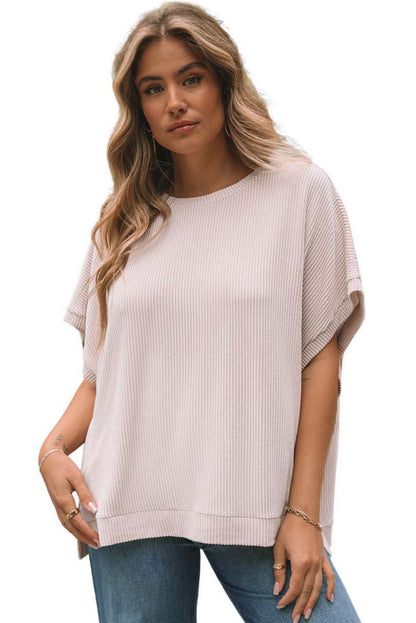 Abrikoos geribbeld gebreid tuniek oversized T-shirt met vleermuismouwen