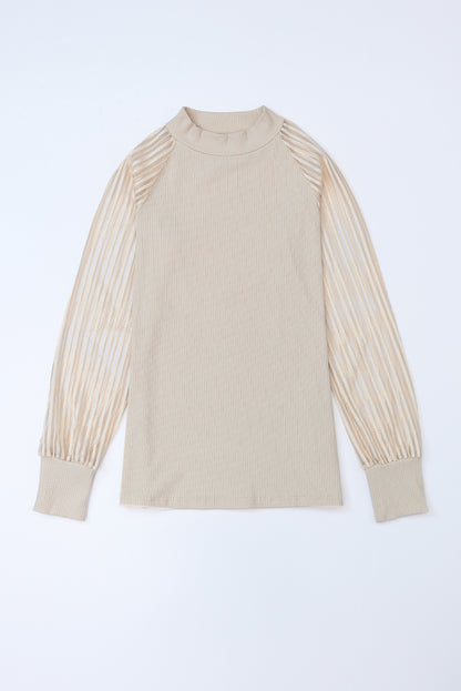 Apricot Striped Mesh Long Sleeve Crewneck Ribbed Top