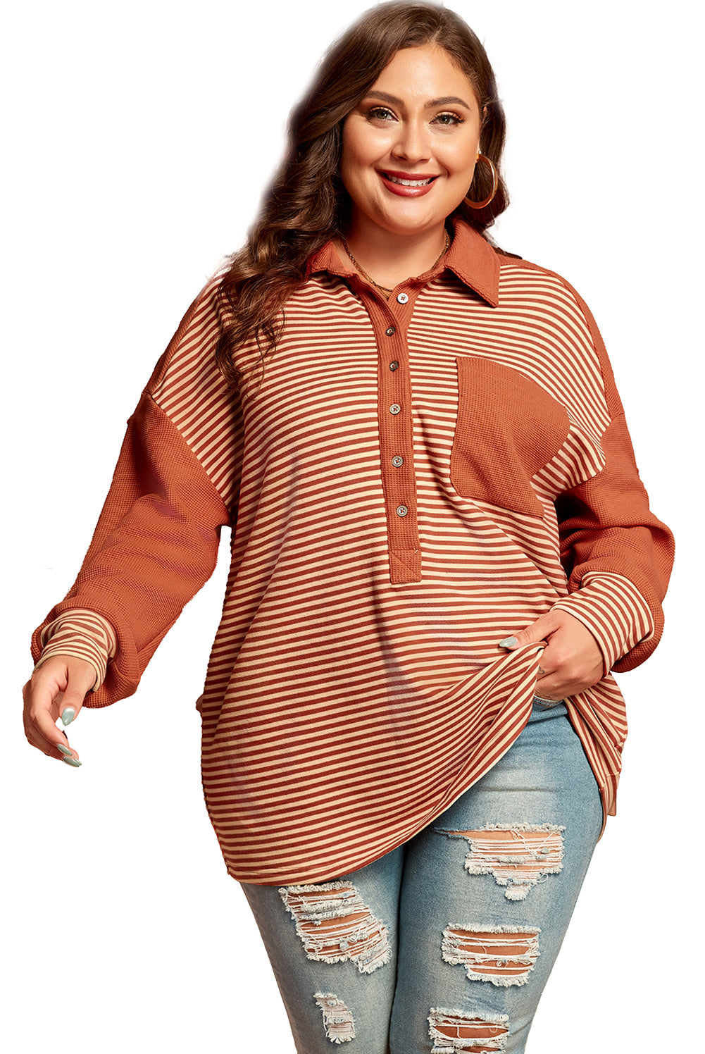 Rode streep textureerde gepatchte druppel schouder dichtgeknoopt plus size sweatshirt