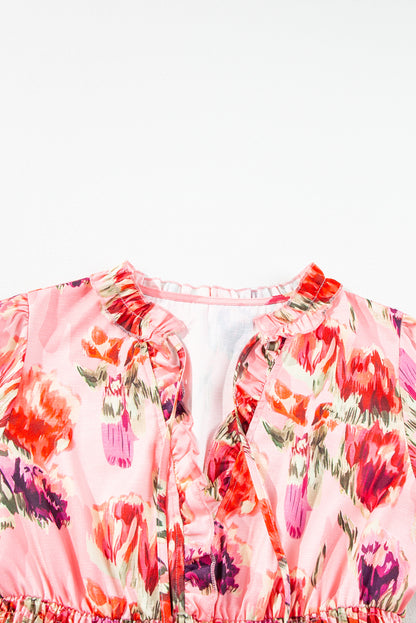 Roze gesmokte mini-jurk met hoge taille en abstracte print