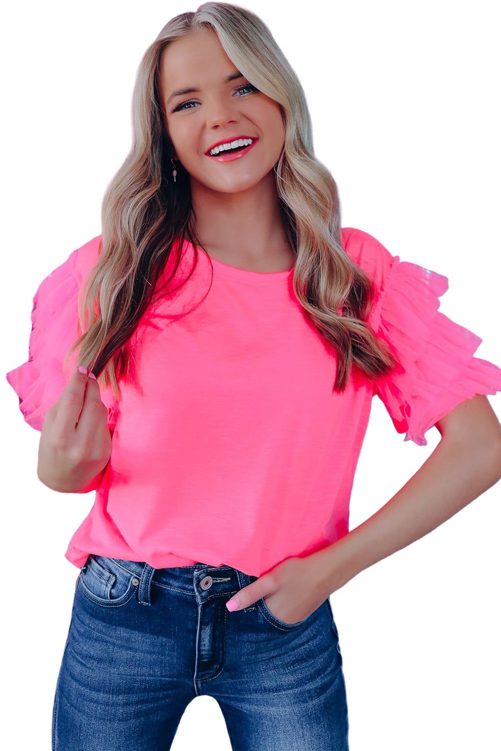 Roze tule blouse met ruches aan de mouwen