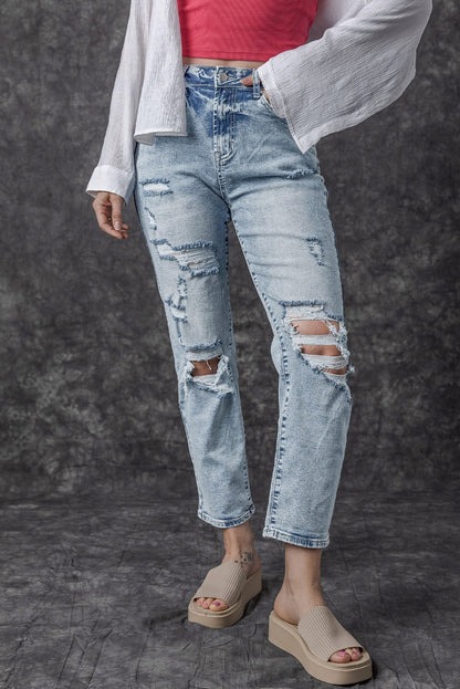 Hemelsblauwe, lichte wassing, gerafelde slim-fit jeans met hoge taille