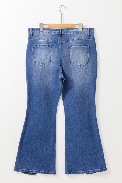 Blauwe grote maten flare jeans met zichtbare naad en hoge taille