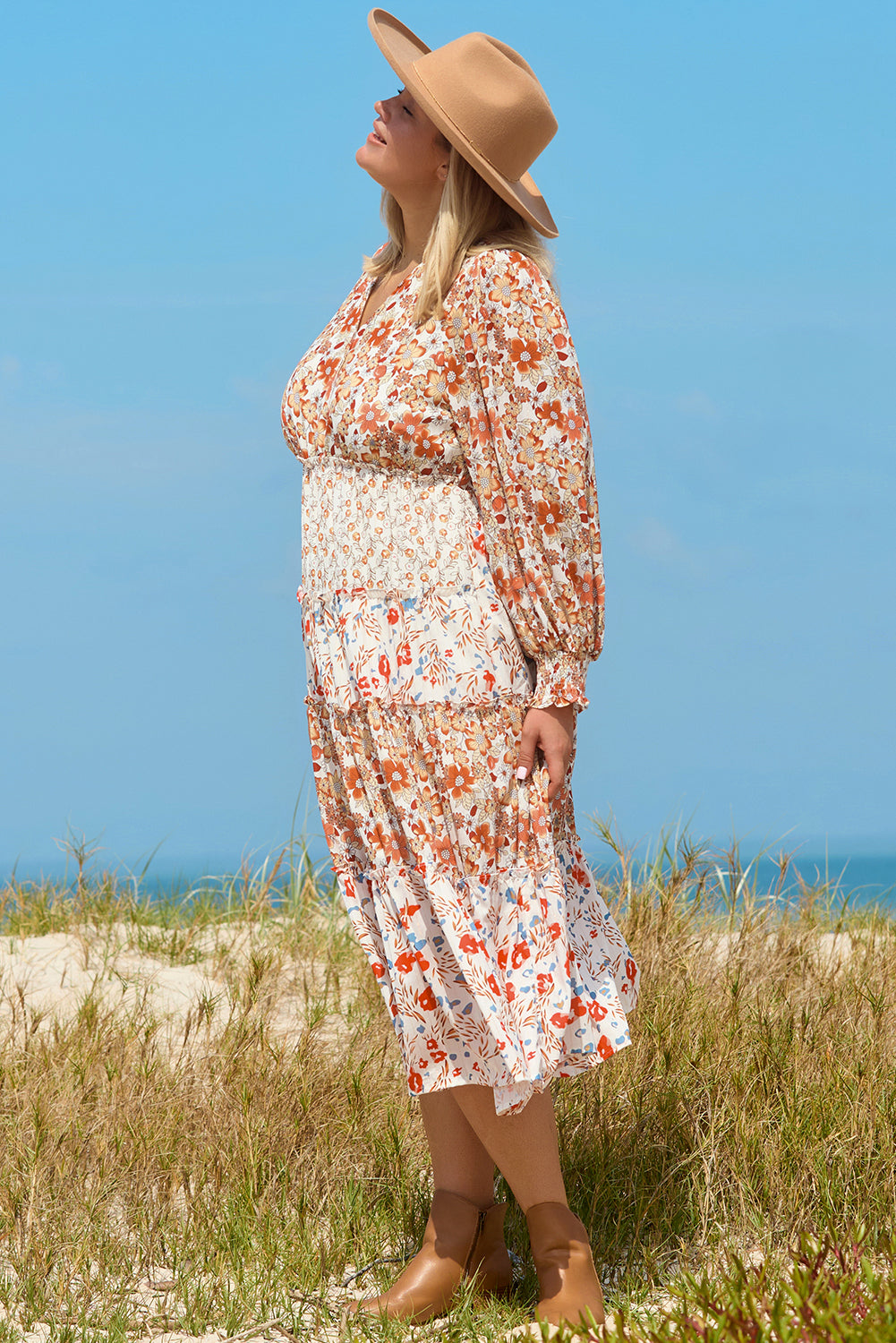 Kaki plus size floral lager ruche maxi jurk