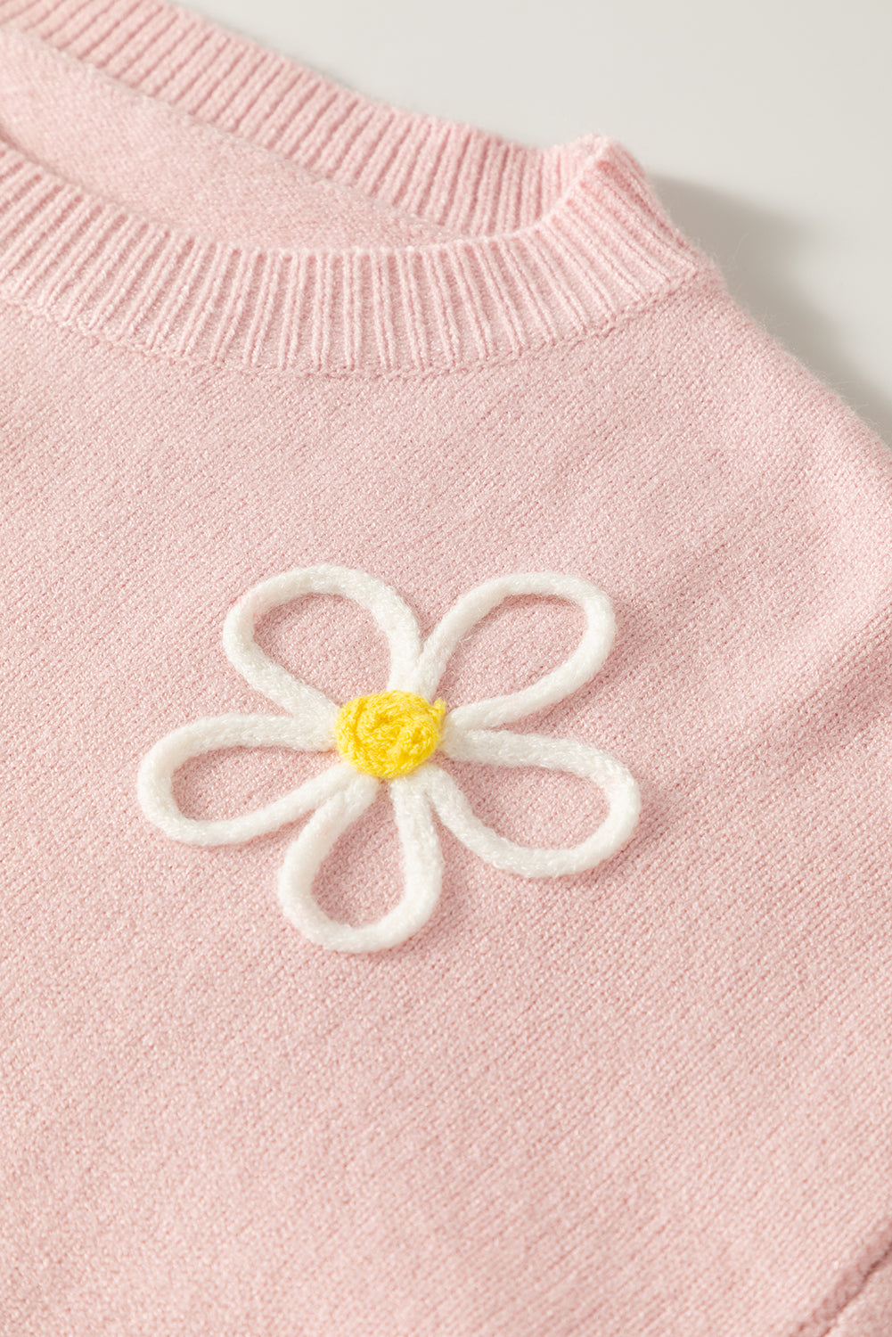 Pink Chenille Daisy Stitching Crew Neck Sweater