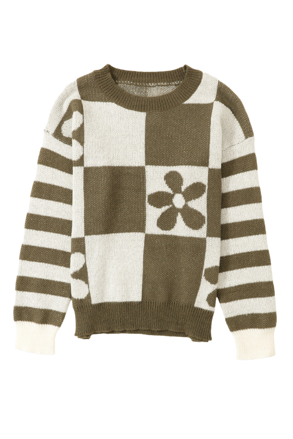 Green Checkered Floral Print Striped Sleeve Sweater