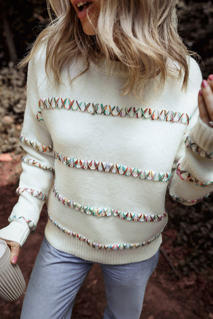 White Colorful Crossed Stitch Drop Shoulder Sweater