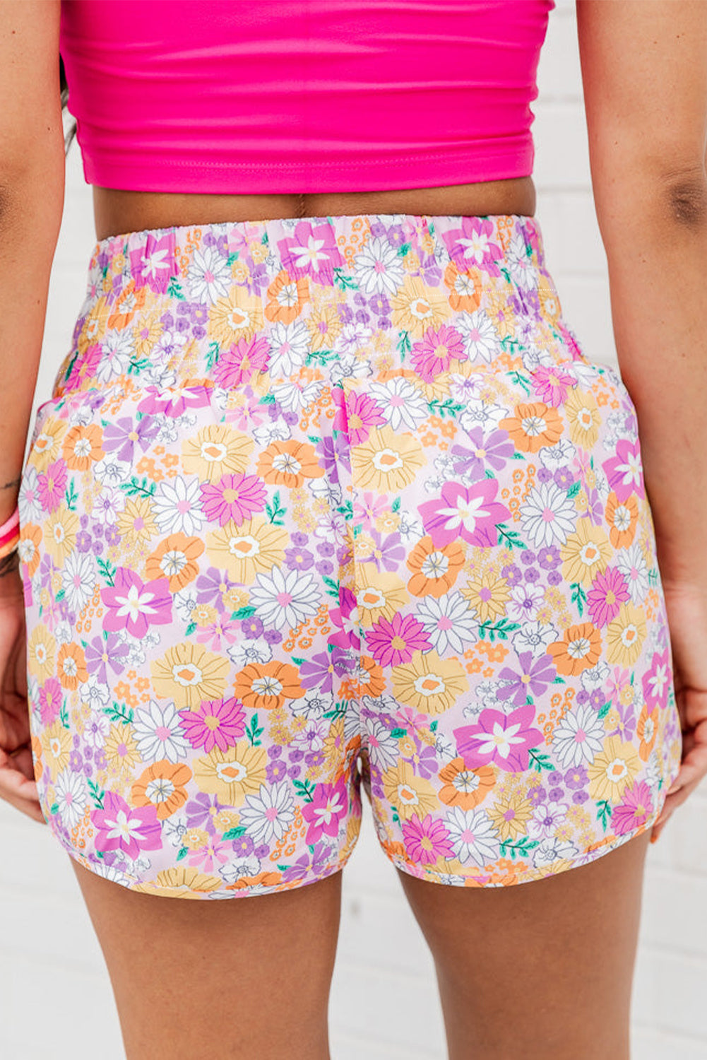 Roze Boho bloemen gesmokte casual shorts met hoge taille