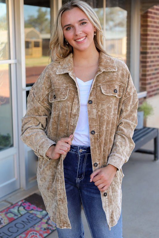 Khaki Vintage Distressed Mineral Wash Oversized Shacket