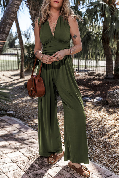 Moss Green Sleeveless V Neck Ruched Wide Leg Jumpsuit