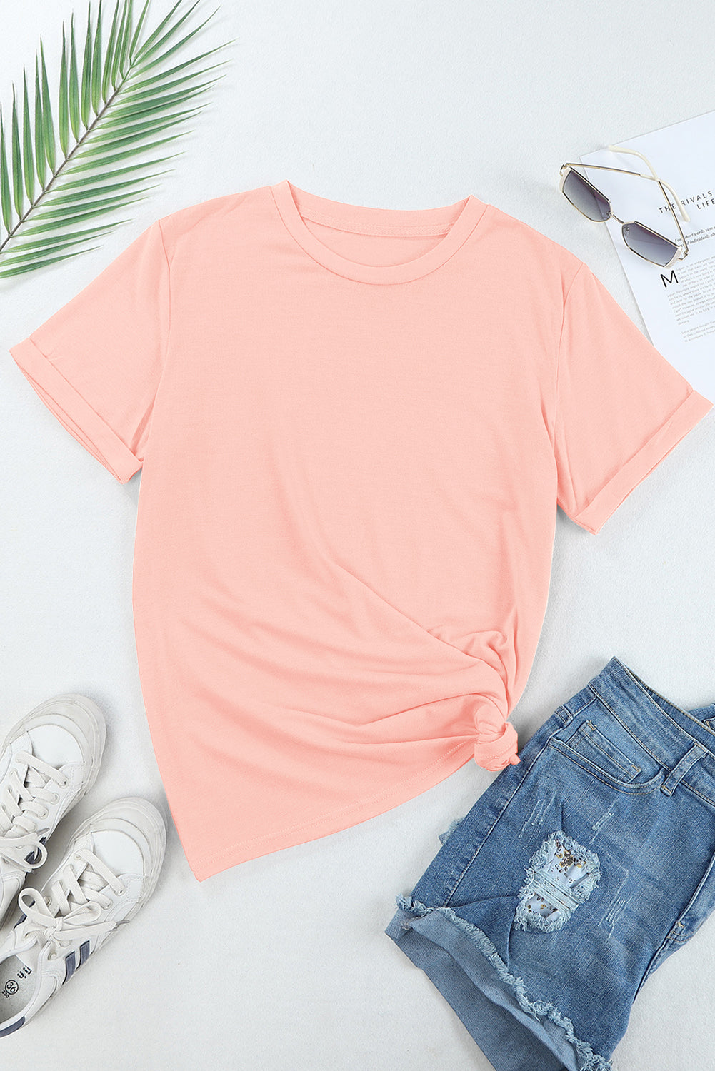 Roze casual effen T-shirt met ronde hals