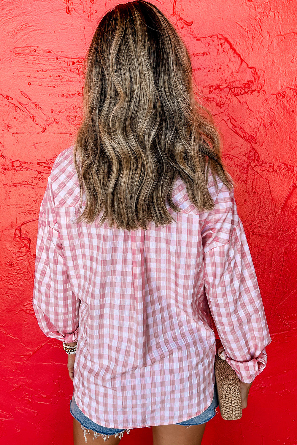 Pink Gingham printkastvakken geknoopte kraagshirt geknoopt