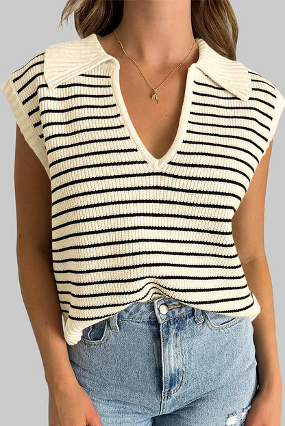 Beige gestreepte turn-down tanktop met V-hals en trui