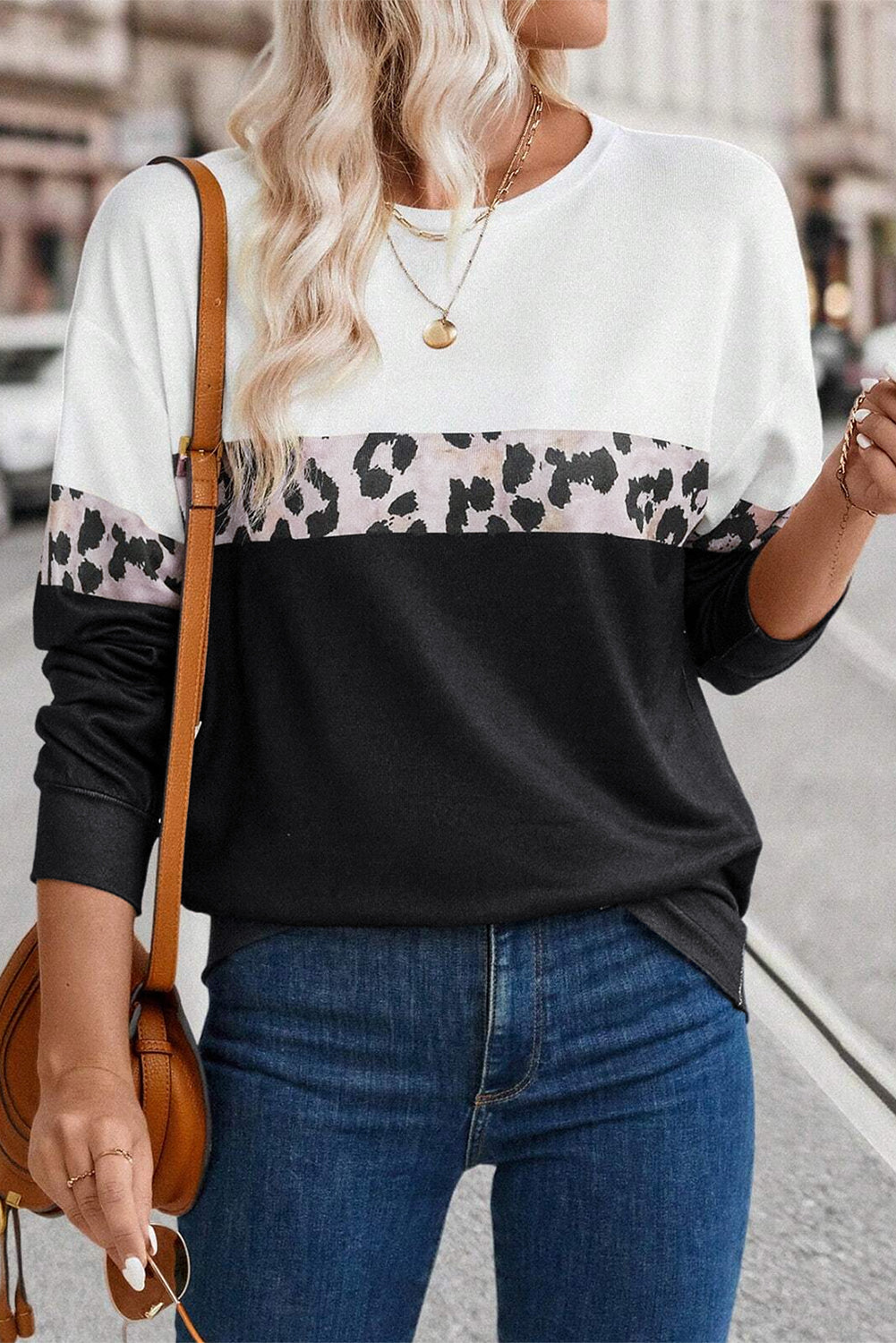 Black Leopard Colorblock Round Neck Long Sleeve Top