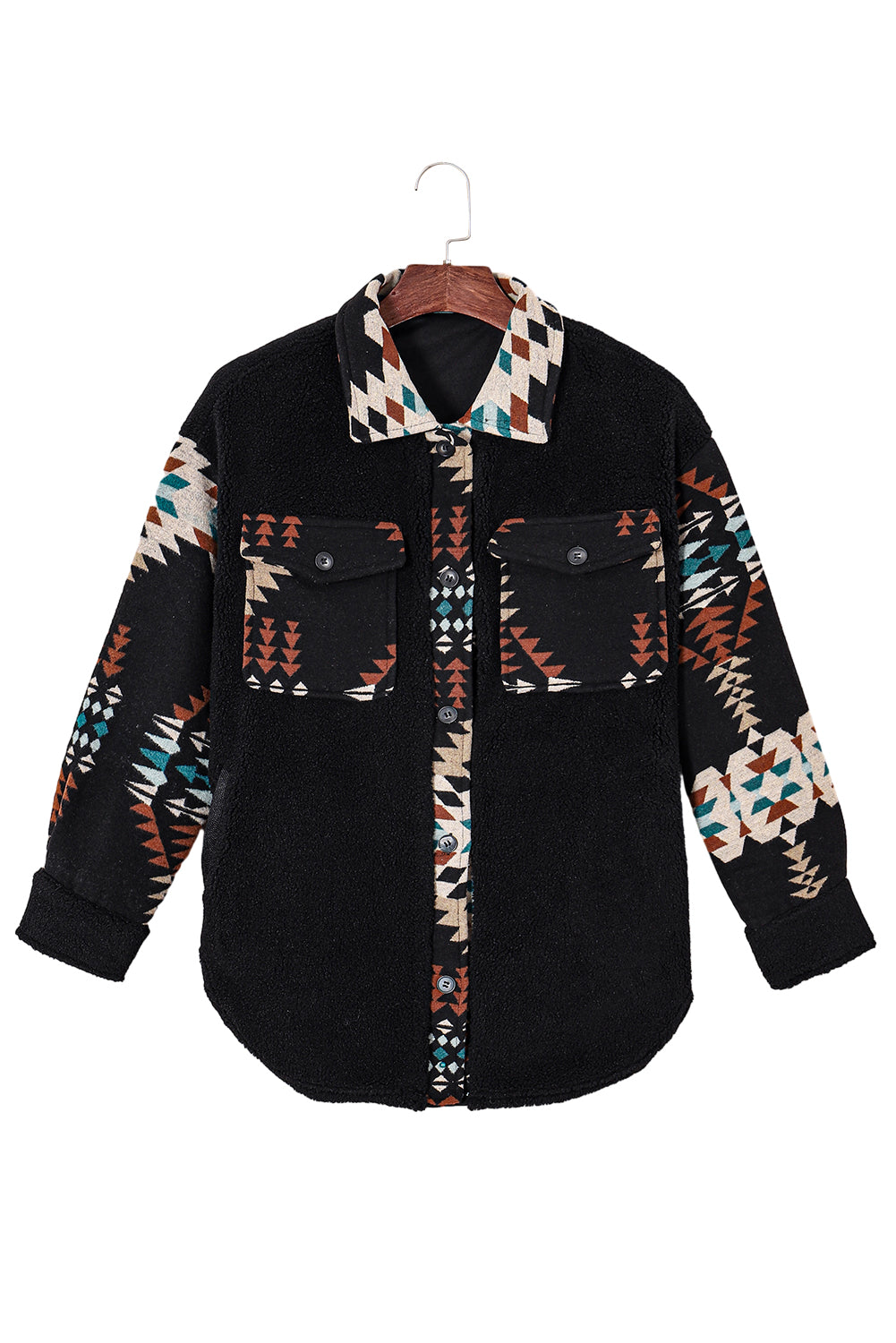 Zwarte fleece shacket met westerse Azteekse print en accent