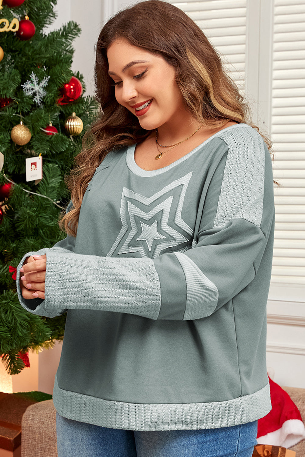 Mist Green Stars Patchwork Round Neck Plus Size T -shirt