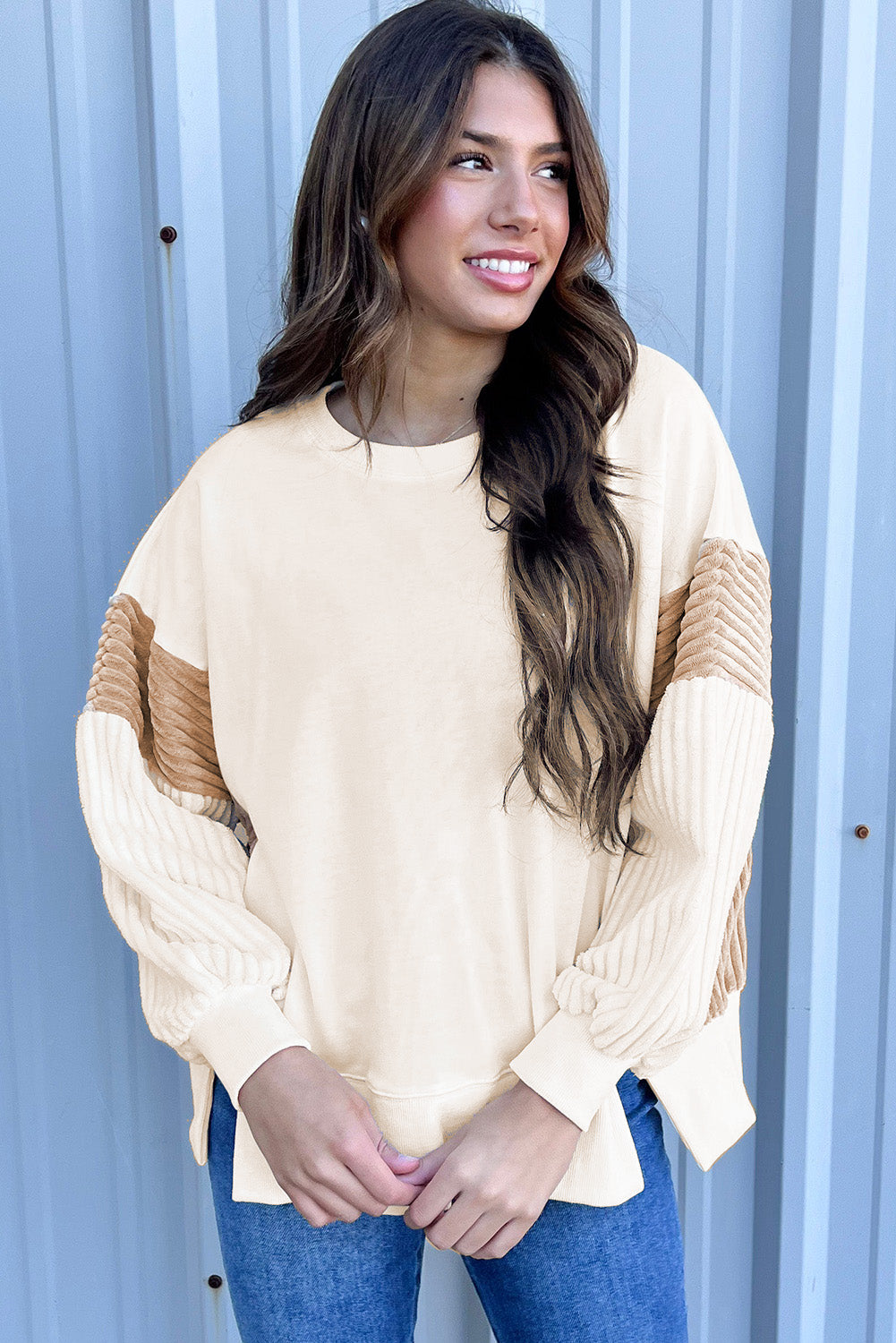 Abrikoos Corduroy Patchwork Drop Shoulder Sweatshirt met Lange Mouwen