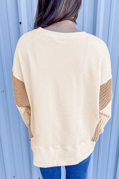 Abrikoos Corduroy Patchwork Drop Shoulder Sweatshirt met Lange Mouwen