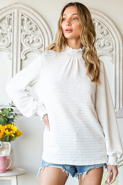 White Frilled Smocked Neck Textured Bishop Sleeve Blouse