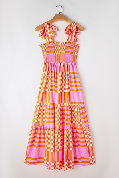 Roze Boho Gingham gebonden bandjes gesmokte maxi-jurk