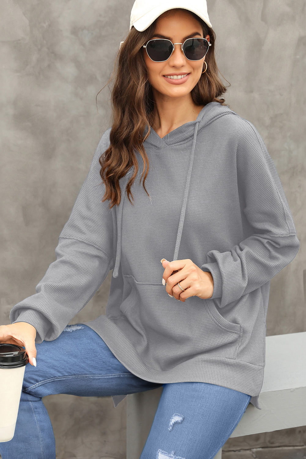 Grijze wafel gebreide fleece gevoerde high low oversized hoodie