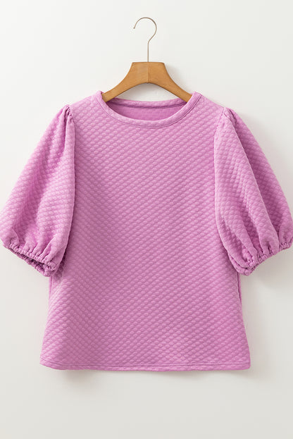 Phalaenopsis Solid Textured O Neck Puff Sleeve Blouse